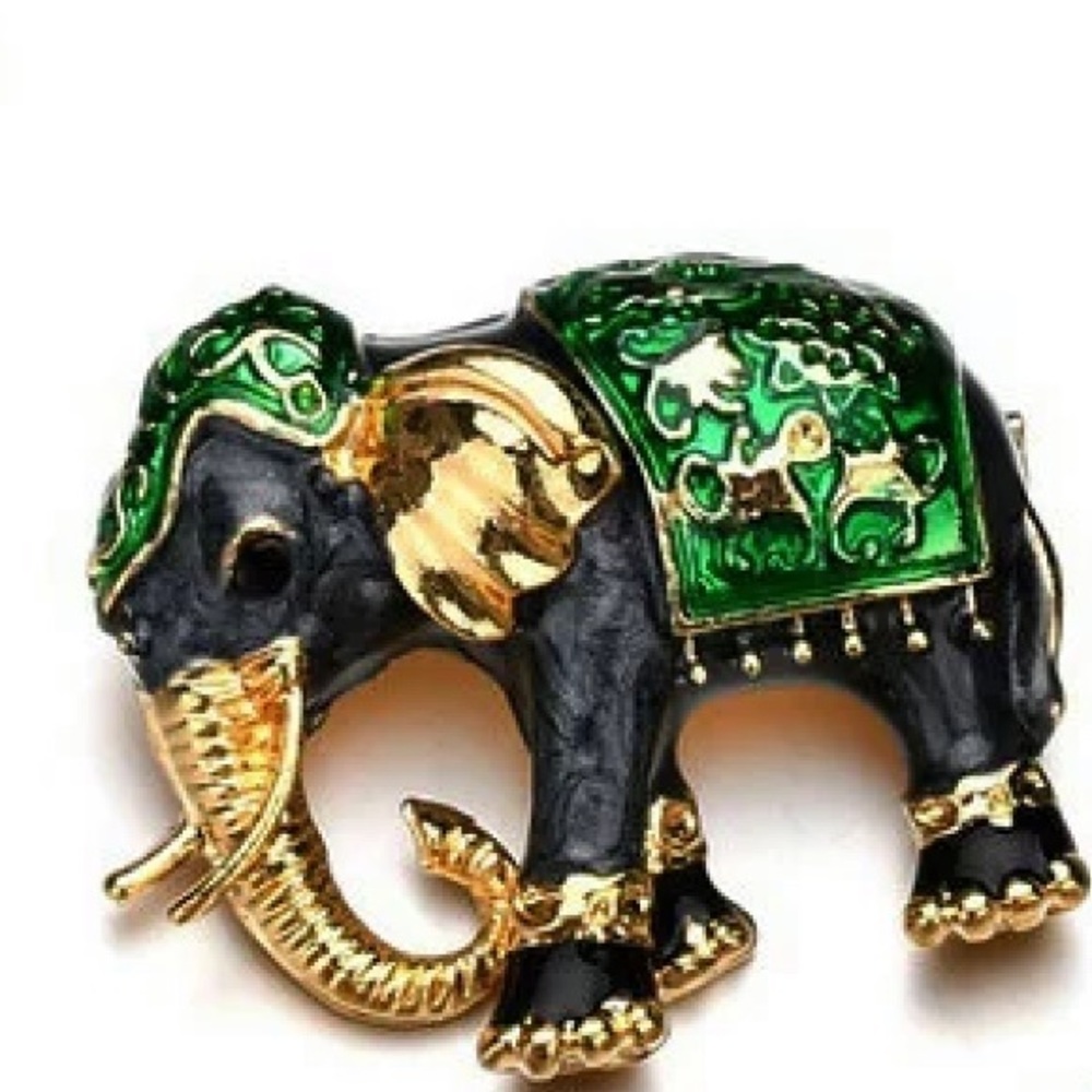 Green Enamel Elephant Brooch